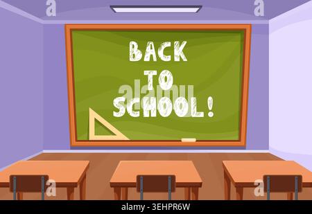Back to school background. Classroom with student desk and stools, chalkboard with inscription. Education zone, room for study and reading, vector Stock Vector