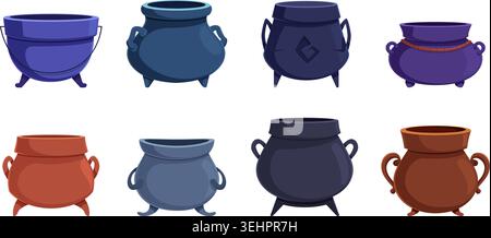 Empty cartoon witch cauldrons. Vintage copper pots for alchemy, witchcraft or cooking on fire flame. Halloween elements, magic, medieval kitchen tools Stock Vector