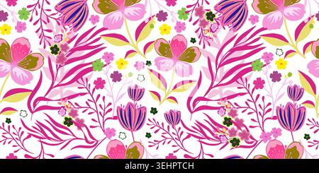 Seamless pattern with spring pink and purple abstract flowers. Hand drawn. Not AI, vector illustration. Stock Vector