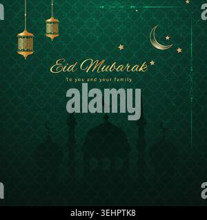 Elegant Islamic celebration background with hanging Arabic lanterns, crescent moon, stars, and mosque silhouette on luxurious green patterned backdrop Stock Vector