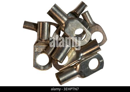 Metallic wire terminals for crimping secure electrical connections and conductivity Stock Photo