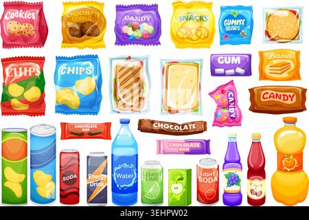 Vending snacks products. Snack machine package box food wrapper bag biscuit cookie packet candy chocolate bar gum crisp soda beverage drink can bottle ingenious vector illustration original artwork Stock Vector