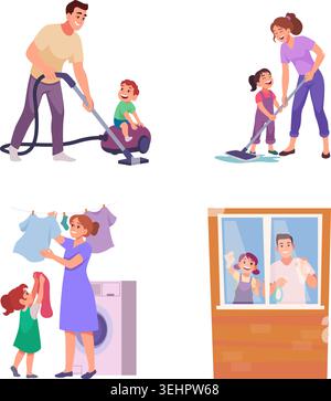 Home cleaning vector. Family characters vacuuming, washing windows, sweeping, doing laundry, watering plants, and recycling trash in exact style Stock Vector