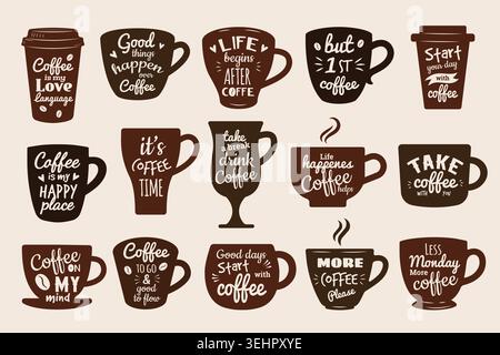 Coffee lettering. Vector set of coffee mugs with stylish text designs and modern cafe inspiration in recent mood Stock Vector