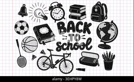 Back to school black elements on white background . Hand drawn. Not AI, vector illustration. Stock Vector
