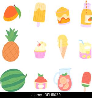 Sweet fruits desserts. Exotic juicy mango, watermelon and pineapple. Tasty ice cream and popsicles, cupcake, juice and lemonade. Seasonal tropical Stock Vector