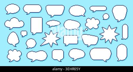Pixel speech bubbles. Different pixel art message frames. Pixelated bubble for dialogue and conversation. Retro game design, y2k style tidy vector set Stock Vector