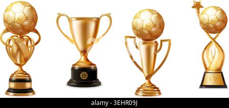 Soccer gold cup. Realistic golden football ball trophy cup sport team champion award winner prize league win ceremony best player championship 3d isolated exact vector illustration original artwork Stock Vector