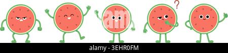 Funny watermelon characters. Half watermelons thinking, angry, laughing, joy. Fun sweet juicy food, vegan nutrition, raw summer ingredients, vector Stock Vector