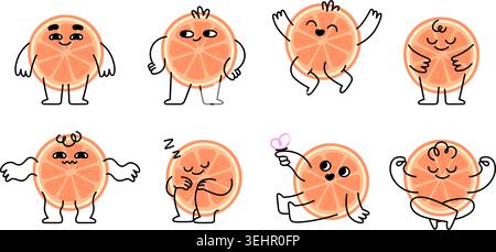 Orange groovy characters. Creative funny mandarins slice different poses and emotions. Citrus positive mascots, vitamin c fresh fruits. Juicy vector Stock Vector