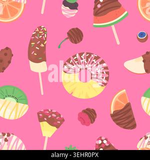 Choco fruits seamless pattern. Fruity sweets, banana, watermelon, orange, apple slice in white dark and milk chocolate covered. Food print vector Stock Vector
