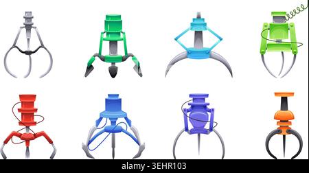 Claw machine arm. Mechanical gripper, arcade vending toy machines grabber robotic crane robot hand industry manipulator arcade game claws cartoon set ingenious vector illustration original artwork Stock Vector