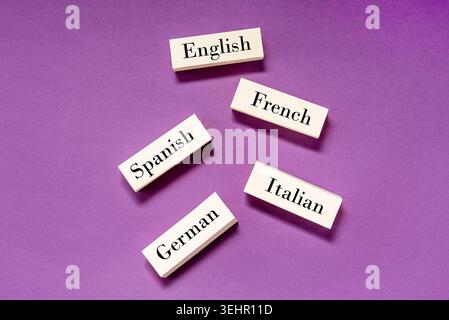 Learning foreign languages concept, words English, Italian, German, French, Spanish write on blocks Stock Photo