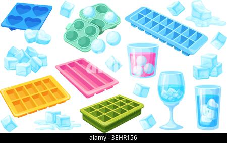 Ice cubes molds. Frozen water in plastic mold tray, solid icecube square round icy cube frosty drink glass kitchen freezing form container cartoon isolated neat vector illustration original artwork Stock Vector