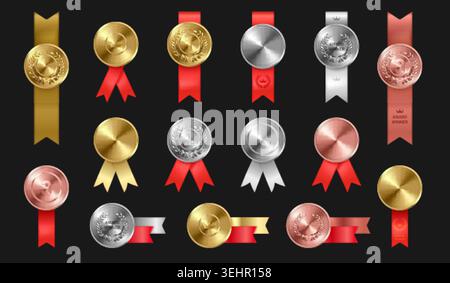 Realistic medals ribbon. Gold medal with ribbons, 3d award badge silver bronze prize winner trophy champion achievement 1st place certificate set isolated exact vector illustration original artwork Stock Vector