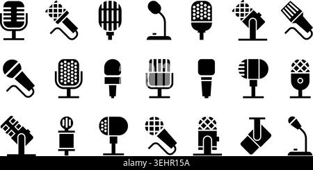 Studio microphones logo. Mic pictogram, radio voice record icon live audio message podcast old mike media interview song sing recording set isolated qualitative vector illustration original artwork Stock Vector