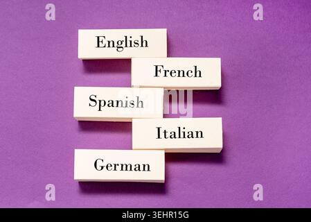 Learning foreign languages concept, words English, Italian, German, French, Spanish write on blocks Stock Photo