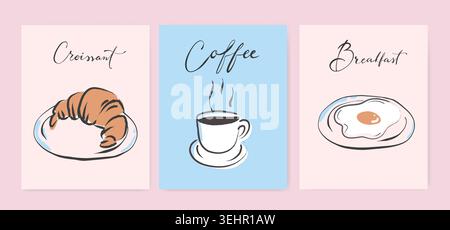 Retro coffee posters with espresso cups, croissants, egg and lettering. Good for interior wall art decor, cards, banners, wallpapers, prints, etc. EPS Stock Vector