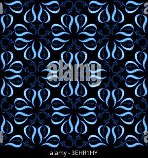 Blue curved leaves on black background. Classic plant seamless pattern. Noble tranquil background Stock Vector