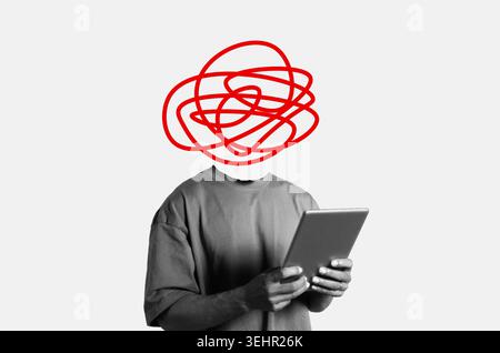 Creative Representation of a Person With Abstract Art on Head Using a Tablet in a Simple Setting Stock Photo
