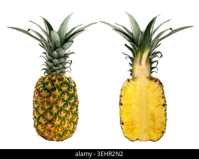 Whole pineapple and a pineapple cut in half, cut out on white, with clipping path included Stock Photo