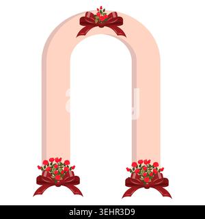A wedding arch decorated with three bouquets of roses with red bows at the base and top. Vector illustration isolated Stock Vector