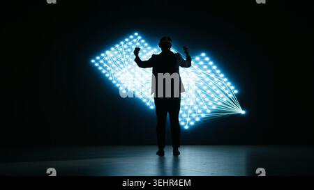 Looking at neural network, VR headset gear and engineer visualizing glowing AI. Virtual reality simulation, artificial intelligence model data and researcher using AR technology, camera A Stock Photo