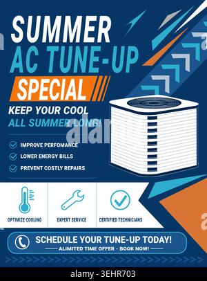 HVAC Summer AC Tune Up Special Flyer Template for Heating Cooling Service Marketing Stock Vector
