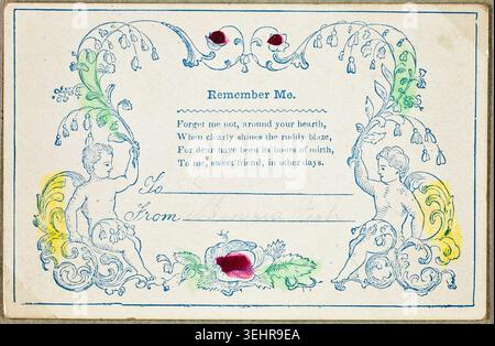 Remember Me (valentine) by Unknown Artist, c. 1830, depicting two winged cherubs beneath flowering botanical garlands holding a forget-me-not, with blank spaces for personalized inscription Stock Photo