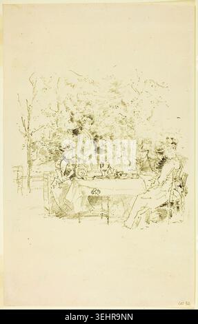 The Garden by James McNeill Whistler, 1891, depicting figures gathered outdoors among trees and foliage around a table in a wooded setting Stock Photo