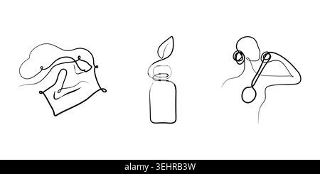 A trio of minimalist continuous line drawings illustrate wellness practices. One shows a hand with a cloth, another features a bottle with a leaf, and the third depicts a person scrubbing. Stock Vector
