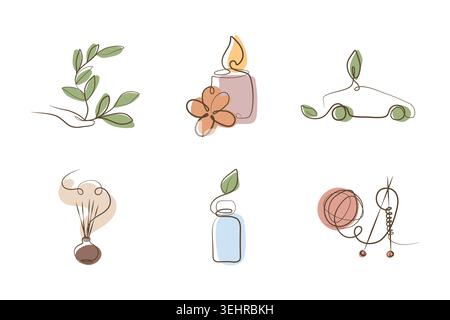 A set of six continuous line art drawings featuring a hand holding a plant, a candle with a flower, an eco car, an aroma diffuser, an essential oil bottle, and knitting items. Stock Vector