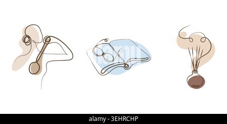 Continuous line art presents three illustrations for self care. A figure wears headphones, an open book holds reading glasses, and a diffuser releases scent. Stock Vector