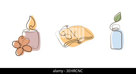 This minimalist artwork features three distinct elements. A lit candle and flower suggest relaxation. An open book with glasses signifies reading. A bottle with a leaf represents nature. Stock Vector