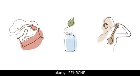 A set of three continuous line drawings shows a person singing, a natural product bottle with a leaf, and a person applying deodorant. Stock Vector