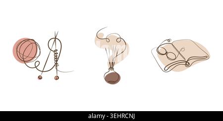 This abstract artwork displays three distinct one line illustrations against a white background. One shows yarn and knitting needles, another a reed diffuser, and a third an open book with glasses. Stock Vector