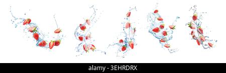 Fresh strawberries and water splashes in air on white background, set Stock Photo