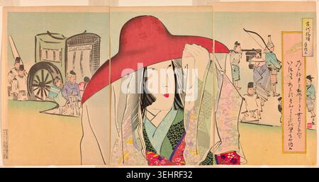 Sei Shonagon by Kobayashi Kiyochika, 1896, depicting a woman in elaborate layered kimono and bold red hat, with attendants and a wheeled cart in the background Stock Photo