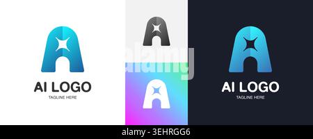 Futuristic AI letter logo set. Blue gradient star alphabet symbol typography logotype. Creative artificial intelligence concept graphic geometric corp Stock Vector