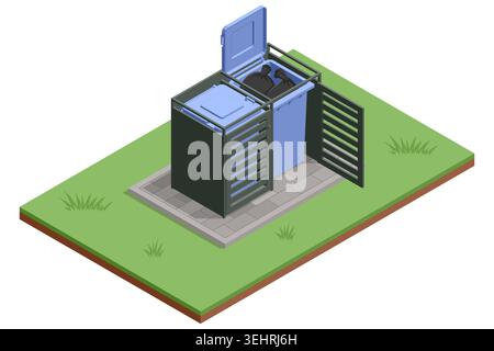 isometric blue waste bin inside a metal enclosure on a paved lawn area, illustrating secure household trash storage, residential sanitation and Stock Vector