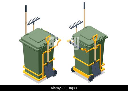 isometric green waste bin with shovel, rake and support frame on a light background, illustrating household trash storage, yard maintenance and clean Stock Vector