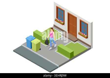 isometric woman carrying a garbage bag from a house toward outdoor bins, showing household waste disposal, residential recycle habit and clean city Stock Vector