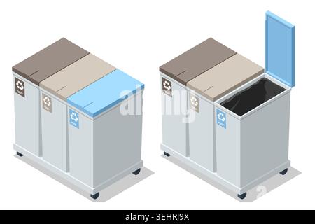 isometric triple recycle bin station with separate lids on a wheeled base, designed for waste sorting in public or office areas, showing organized Stock Vector