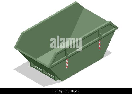 isometric green skip dumpster isolated on a light background, showing an industrial waste container for construction debris, bulk disposal and Stock Vector