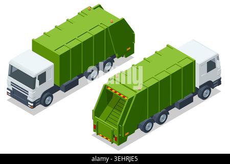 isometric green garbage truck shown from front and rear view on a light background, illustrating household waste collection, municipal disposal Stock Vector