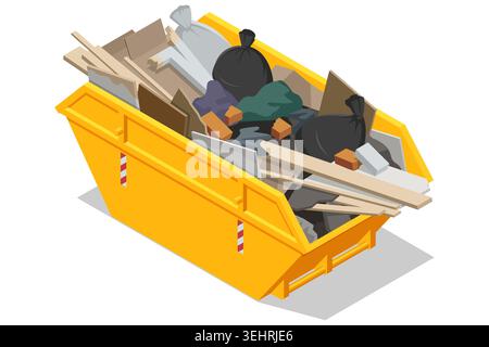 isometric yellow skip dumpster filled with construction debris and trash, representing bulk waste disposal, renovation cleanup, industrial container Stock Vector