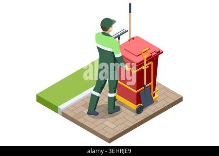 isometric sanitation worker transporting a red waste bin with shovel and rake on a paved area, illustrating garbage collection, municipal disposal and Stock Vector