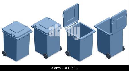 isometric blue wheelie bin set with closed and open lid views on a light background, presenting a household waste container design for disposal Stock Vector