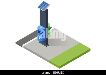 isometric solar powered street recycle bin on a sidewalk, combining waste disposal with renewable energy, public sanitation and clean city Stock Vector