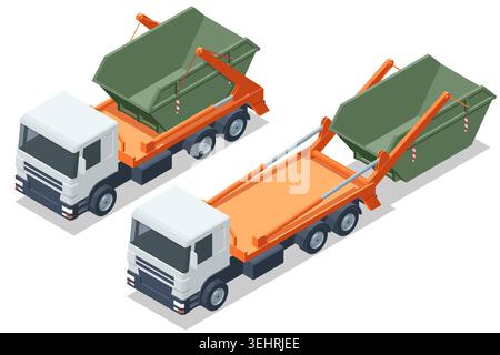 isometric sequence of skip loader truck and green dumpster shows pickup, transport and placement of a waste container, presenting municipal disposal Stock Vector